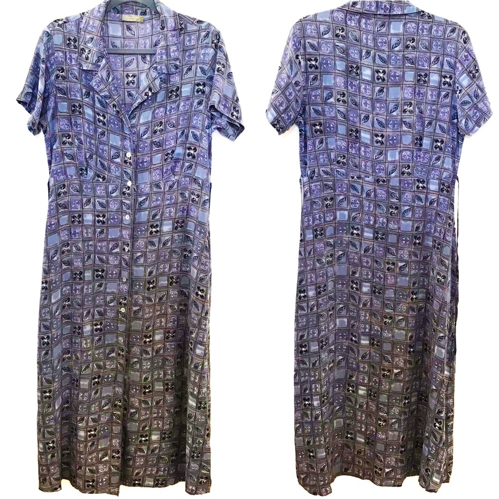Territory Ahead Maxi dress Silk Shades of blue, grey & black Button SS Tie NWOT - Picture 3 of 7